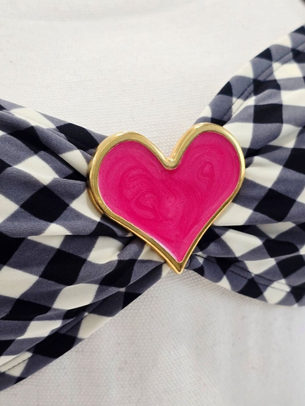 Sofia by ViX Gingham Halter Bikini Top Black White Check Pink Heart Accent M - Picture 6 of 9